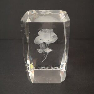 Laser Etched Clear Glass 3D Rose & "I Love You" Heavy Paperweight 3" High